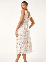 Roman White Lace Overlay V-Neck Midi Dress - Image 3 of 5