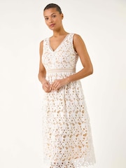 Roman White Lace Overlay V-Neck Midi Dress - Image 4 of 5