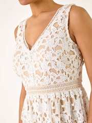 Roman White Lace Overlay V-Neck Midi Dress - Image 5 of 5