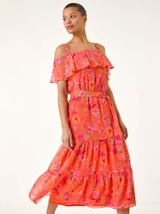 Roman Orange Spot Print Bardot Midi Dress - Image 1 of 5