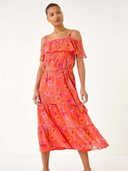 Roman Orange Spot Print Bardot Midi Dress - Image 2 of 5