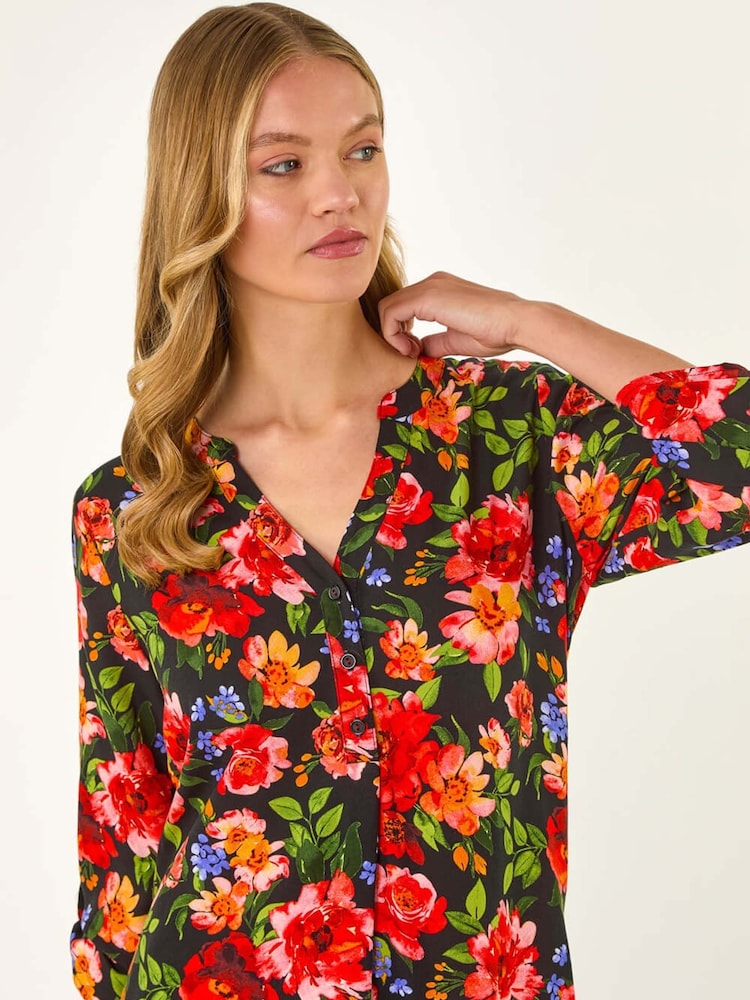 Roman Red Floral Print Longline Button Tunics - Image 1 of 5