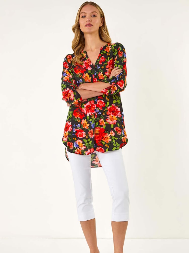 Roman Red Floral Print Longline Button Tunics - Image 2 of 5