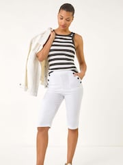 Roman White Elastic Waist Button Cropped Shorts - Image 2 of 5