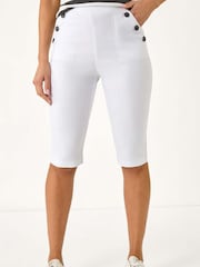 Roman White Elastic Waist Button Cropped Shorts - Image 4 of 5
