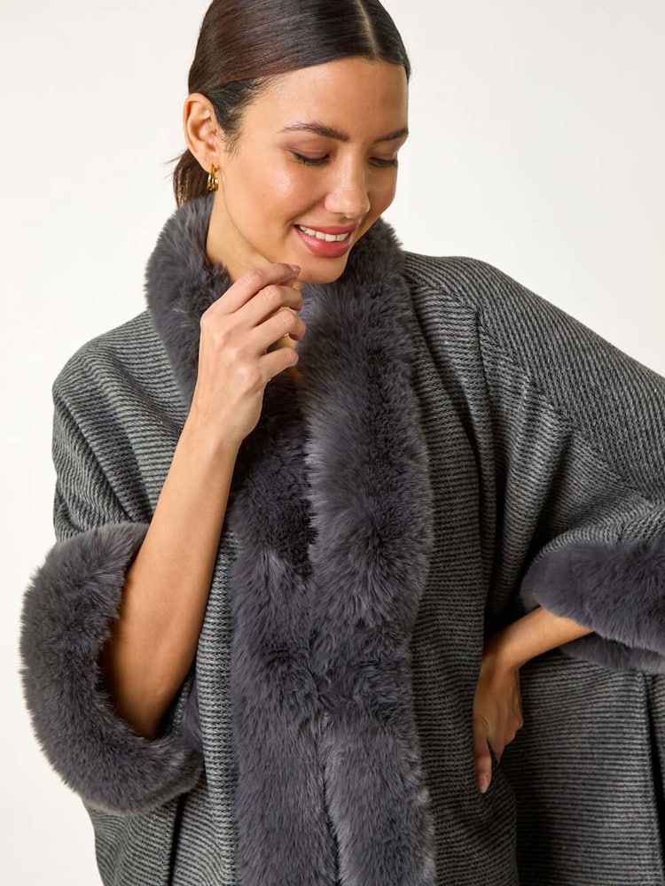 Roman Textured Faux Fur Trim Cardigan Cape - Slika 1 iz 5
