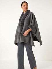 Roman Textured Faux Fur Trim Cardigan Cape - Slika 2 iz 5
