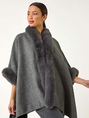Roman Textured Faux Fur Trim Cardigan Cape - Slika 4 iz 5