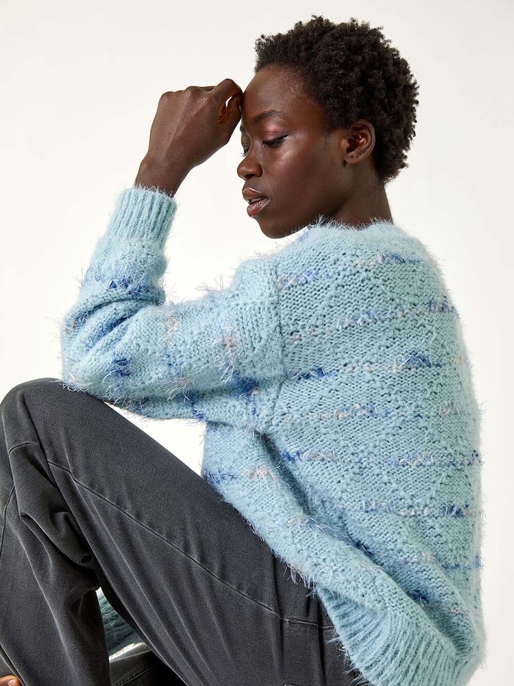 Roman Blue Stripe Fluffy Knit Jumper - Image 1 of 5