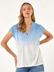 Azul - Roman Dip Dye Embroidered 100% Cotton Top - Imagem 1 de 5