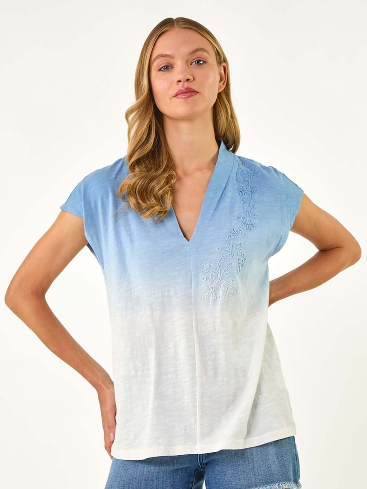 Azul - Roman Dip Dye Embroidered 100% Cotton Top - Imagem 1 de 5