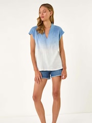 Azul - Roman Dip Dye Embroidered 100% Cotton Top - Imagem 2 de 5