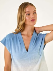Azul - Roman Dip Dye Embroidered 100% Cotton Top - Imagem 4 de 5