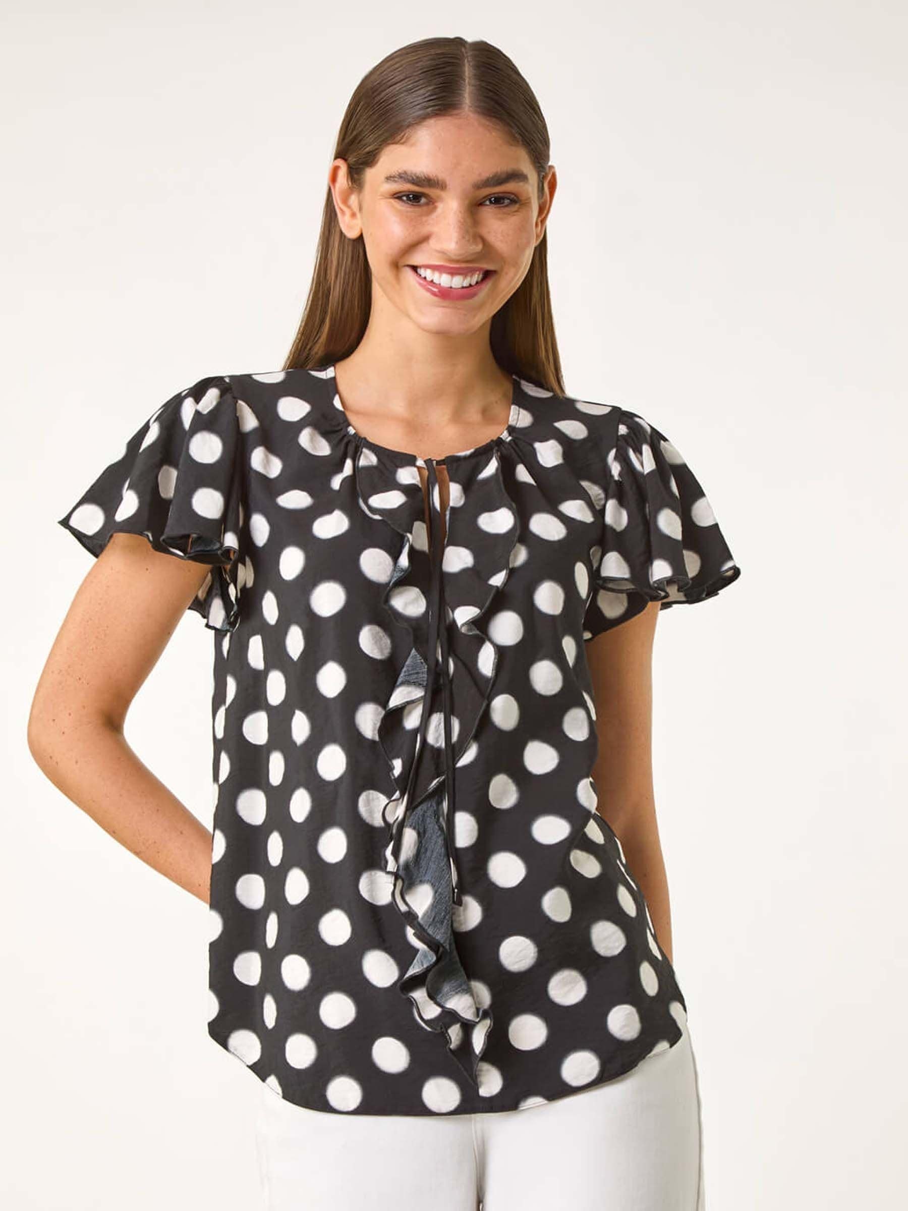 Buy Roman Black Spot Print Ruffle Tie Front Blouse from Next USA