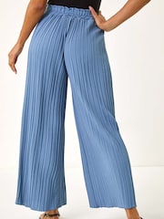 Roman Blue Pleated Wide Leg Stretch Culottes Trousers - Image 3 of 5