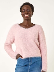 Roman Pink V-Neck Fluffy Knit Jumper - Image 4 of 5