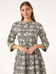 Roman Black Floral Print Frill Buttoned 100% Cotton Shirt Dress - Image 2 of 5