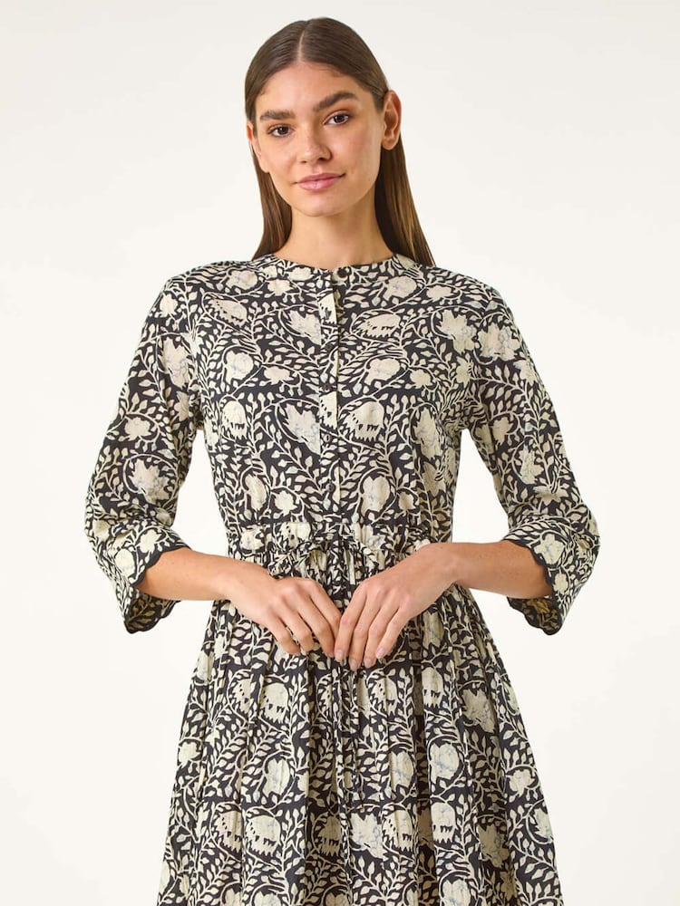 Roman Black Floral Print Frill Buttoned 100% Cotton Shirt Dress - Image 2 of 5