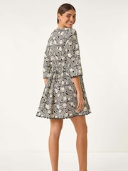 Roman Black Floral Print Frill Buttoned 100% Cotton Shirt Dress - Image 3 of 5