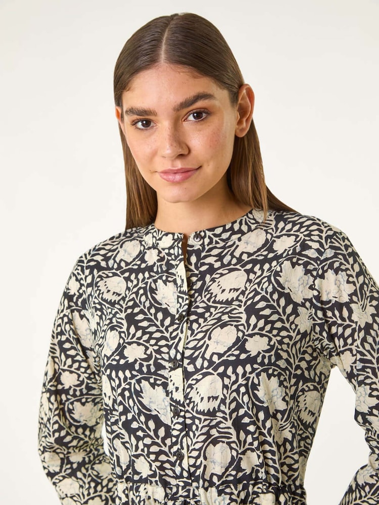 Roman Black Floral Print Frill Buttoned 100% Cotton Shirt Dress - Image 5 of 5