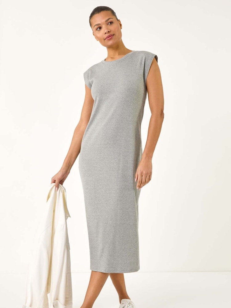 Roman Grey Ribbed Cap Sleeve Midi Dress - Image 1 of 5