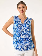 Roman Blue Floral Print V-Neck Vest Blouse - Image 1 of 5