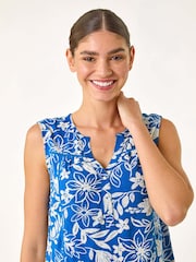 Roman Blue Floral Print V-Neck Vest Blouse - Image 4 of 5