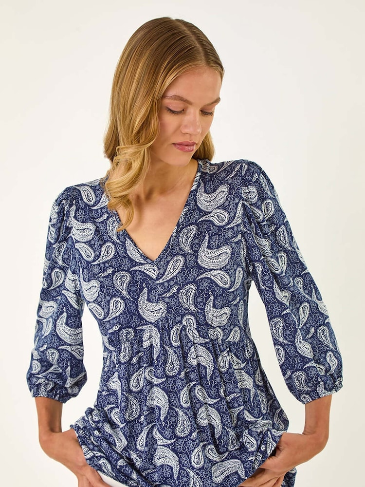 Roman Paisley Print V-Neck Stretch Blouse - Image 1 of 4
