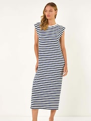 Roman Blue Ribbed Stripe Cap Sleeve Midi Dress - Image 1 of 5