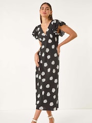 Roman Black Floral Print Frill Midi Dress - Image 1 of 5