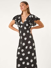 Roman Black Floral Print Frill Midi Dress - Image 2 of 5