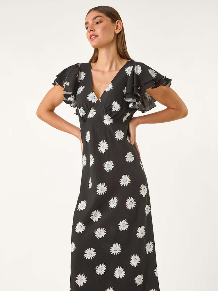 Roman Black Floral Print Frill Midi Dress - Image 2 of 5
