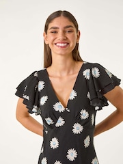 Roman Black Floral Print Frill Midi Dress - Image 4 of 5