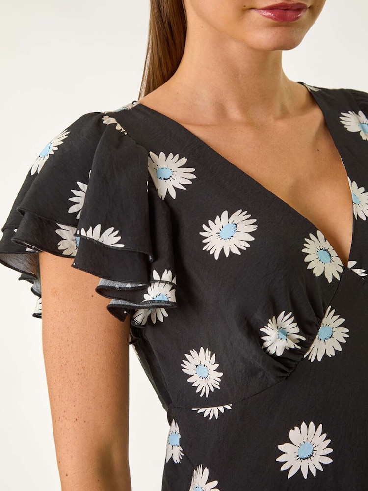 Roman Black Floral Print Frill Midi Dress - Image 5 of 5