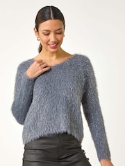 Roman Grey V-Neck Fluffy Knit Jumper - Image 4 of 5