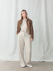 Brown/Ecru Gingham Smart Front Linen Blend Wide Leg Trousers - Image 1 of 8