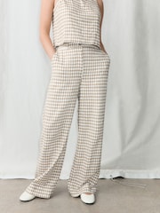 Brown/Ecru Gingham Smart Front Linen Blend Wide Leg Trousers - Image 2 of 8