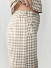 Brown/Ecru Gingham Smart Front Linen Blend Wide Leg Trousers - Image 5 of 8