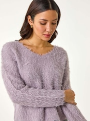 Roman Purple V-Neck Fluffy Knit Jumper - Image 1 of 5