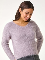 Roman Purple V-Neck Fluffy Knit Jumper - Image 4 of 5
