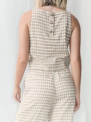 Brown/Ecru Gingham Linen Blend Button Shell Top - Image 4 of 7