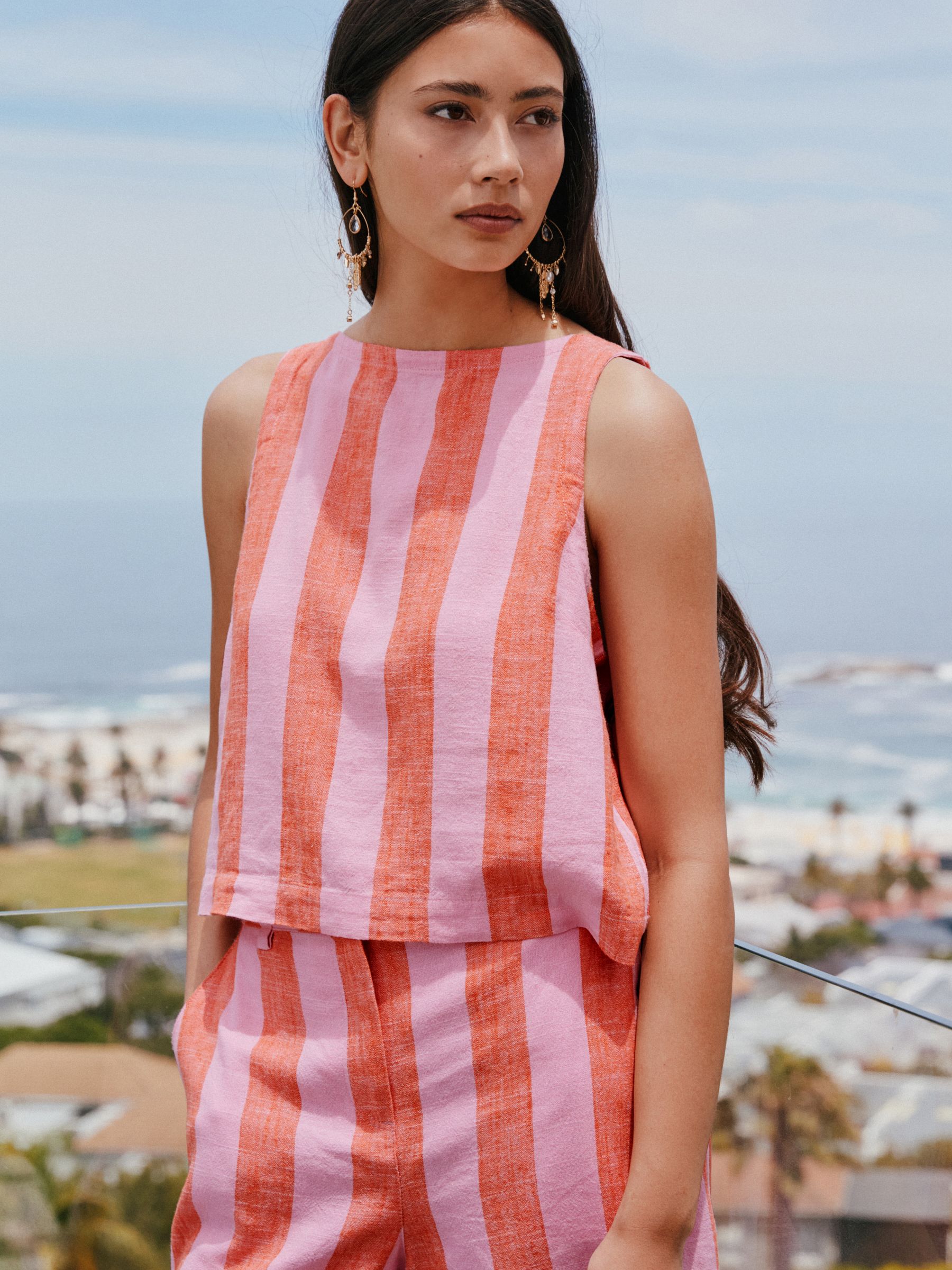 Pink/Orange Stripe Linen Blend Shell Top