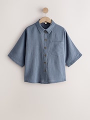 Slate Grey Textured Short Sleeve Shirt with Linen - Image 1 of 3