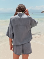 Bleu ardoise - Chemise texturée à manches courtes en lin - Image 4 sur 8