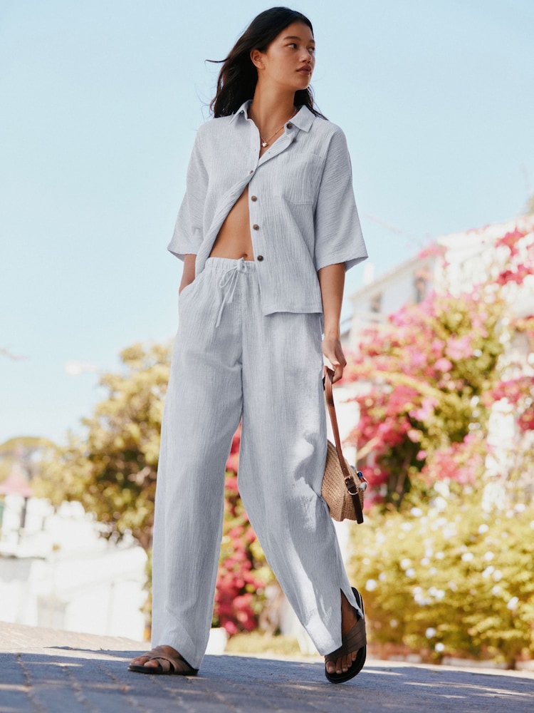 Bande blanche/grise - Pantalon texturé à jambe large en lin - Image 1 sur 8