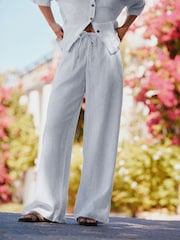 Bande blanche/grise - Pantalon texturé à jambe large en lin - Image 3 sur 8