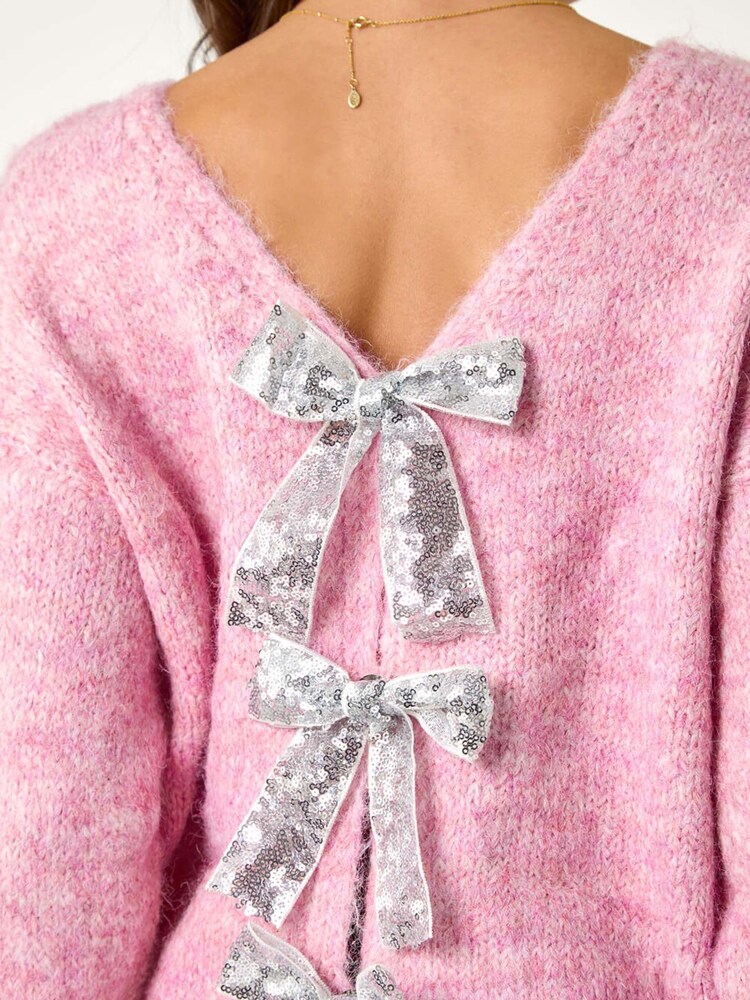 Dusk Pink Sequin Bow Cardigan - Image 5 of 5 Dusk Pink Sequin Bow Cardigan - Image 5 of 5