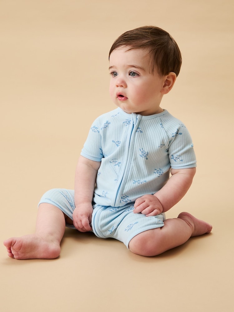MORI Blue Turtles Ribbed Stretch 2 Way Zip Sleepsuit - Image 1 of 2