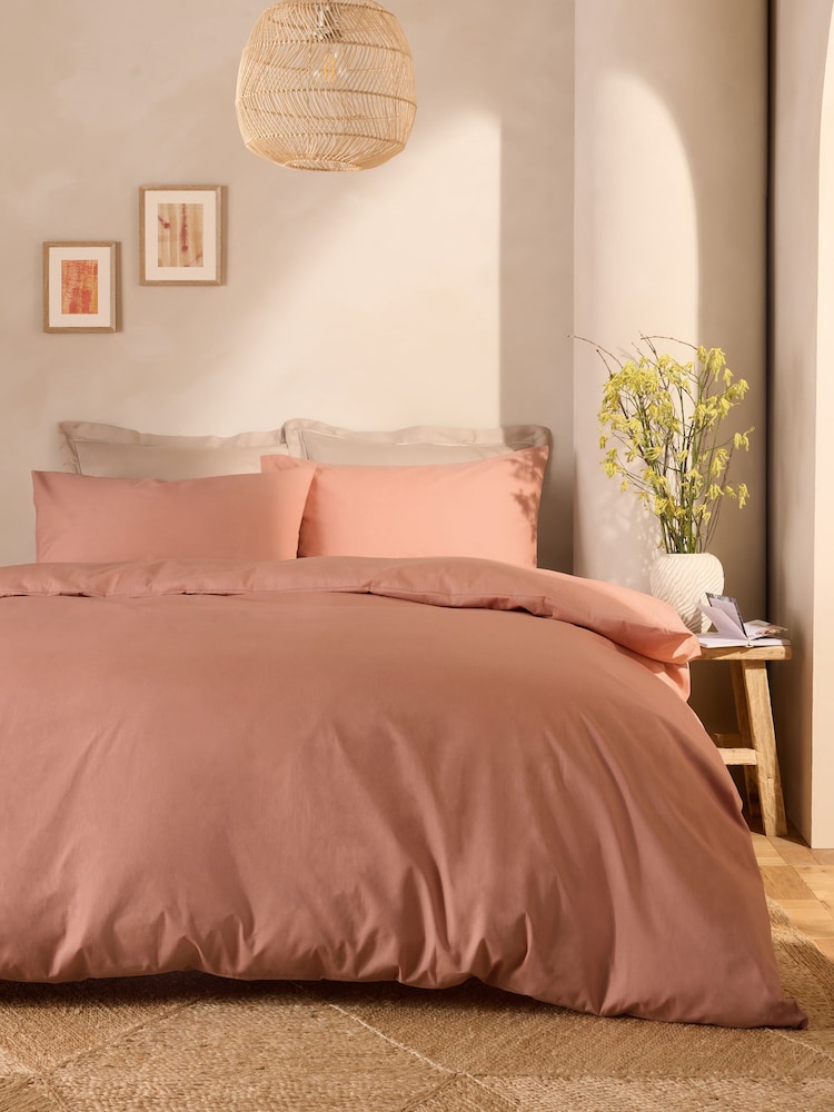 Peach Pink Cotton Rich Plain Duvet Cover and Pillowcase Set - Image 1 of 4