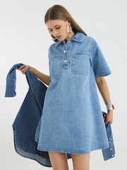 River Island Light Blue 100% Cotton Denim Shirt Collar Dress - Image 1 of 4
